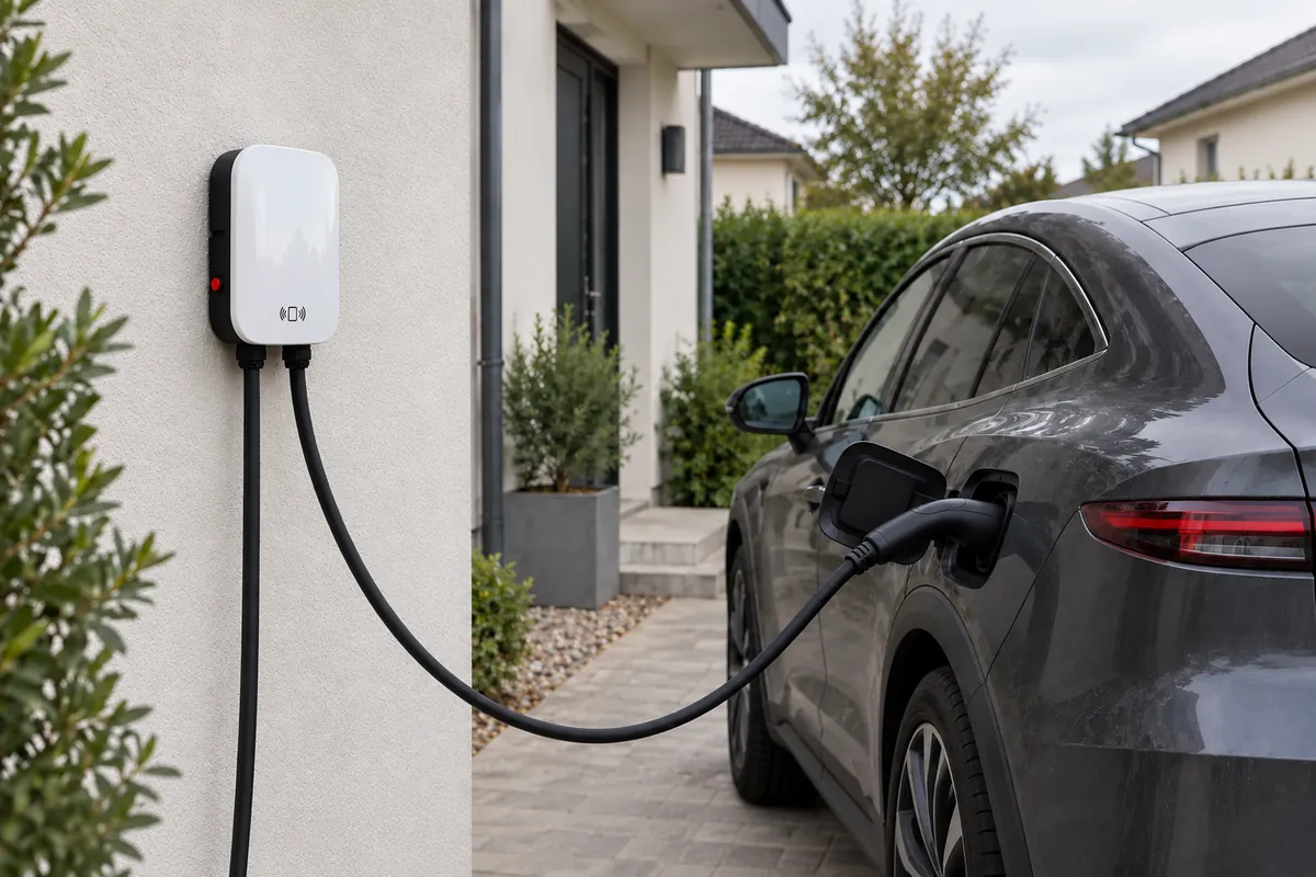 Cargador Bora blanco en la fachada de una casa cargando un carro eléctrico, la plataforma base para programas de marca blanca
