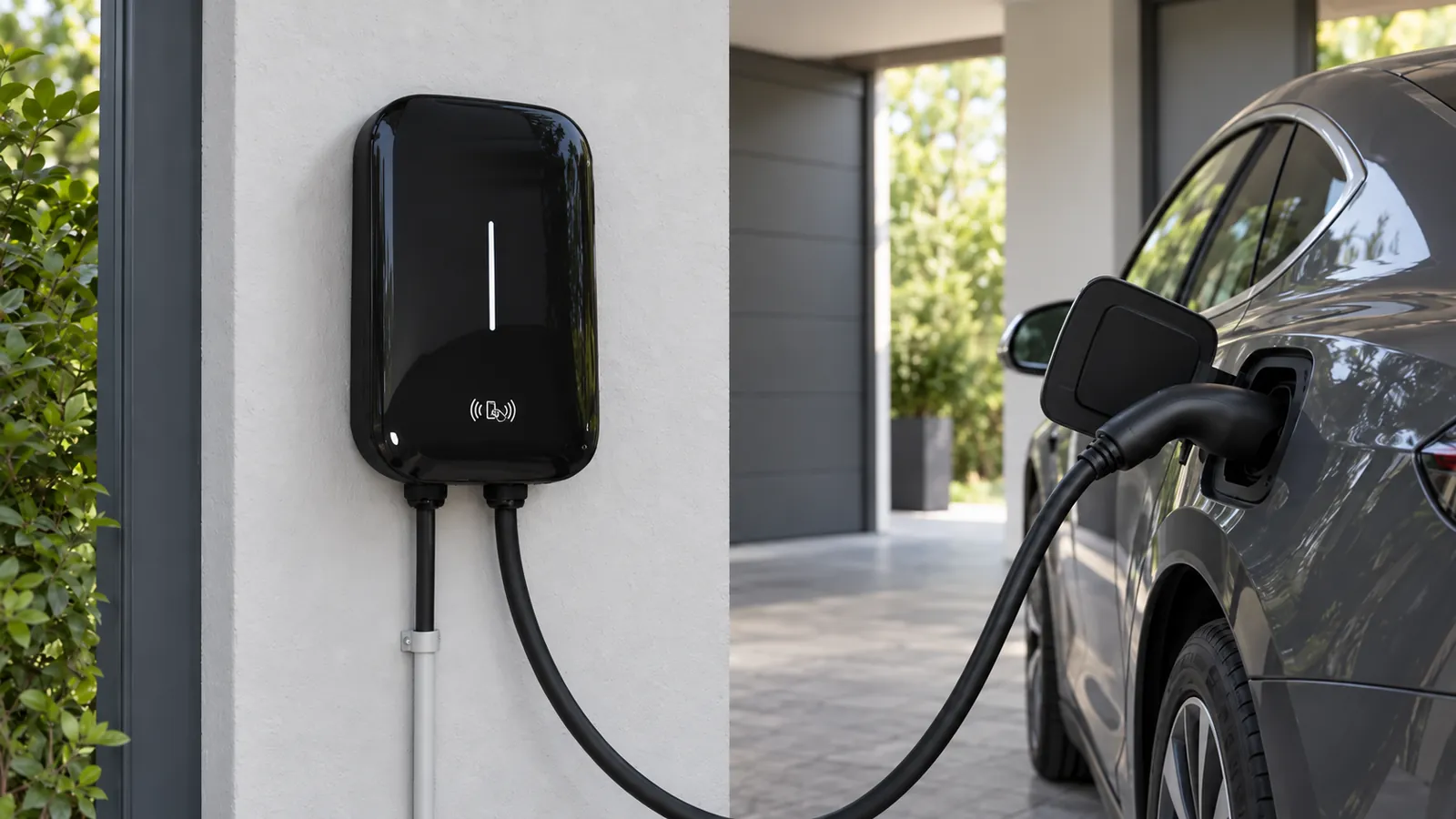 Cargador de pared cargando un carro eléctrico frente a una casa