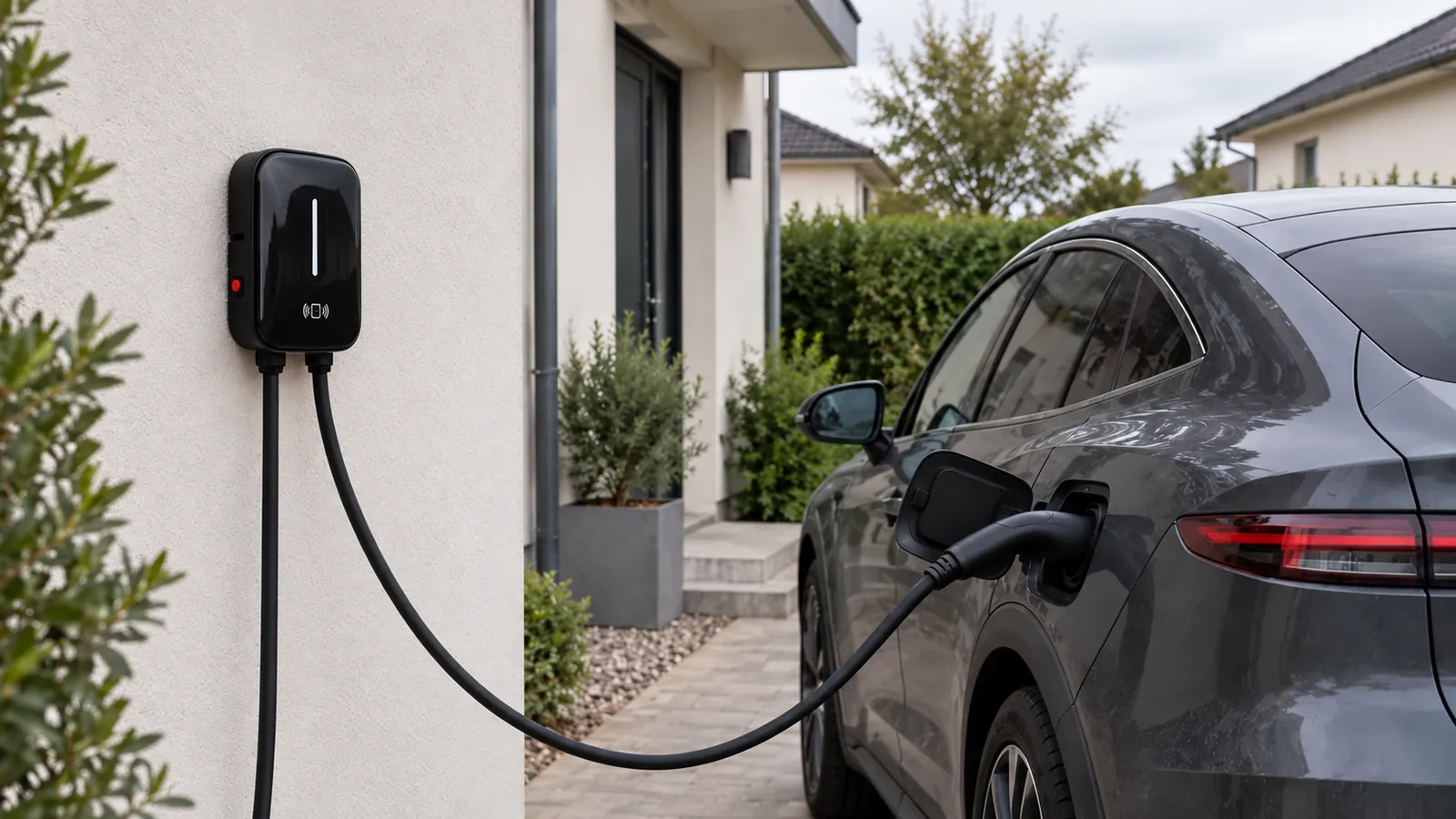 Cargador Bora cargando un carro eléctrico frente a una casa